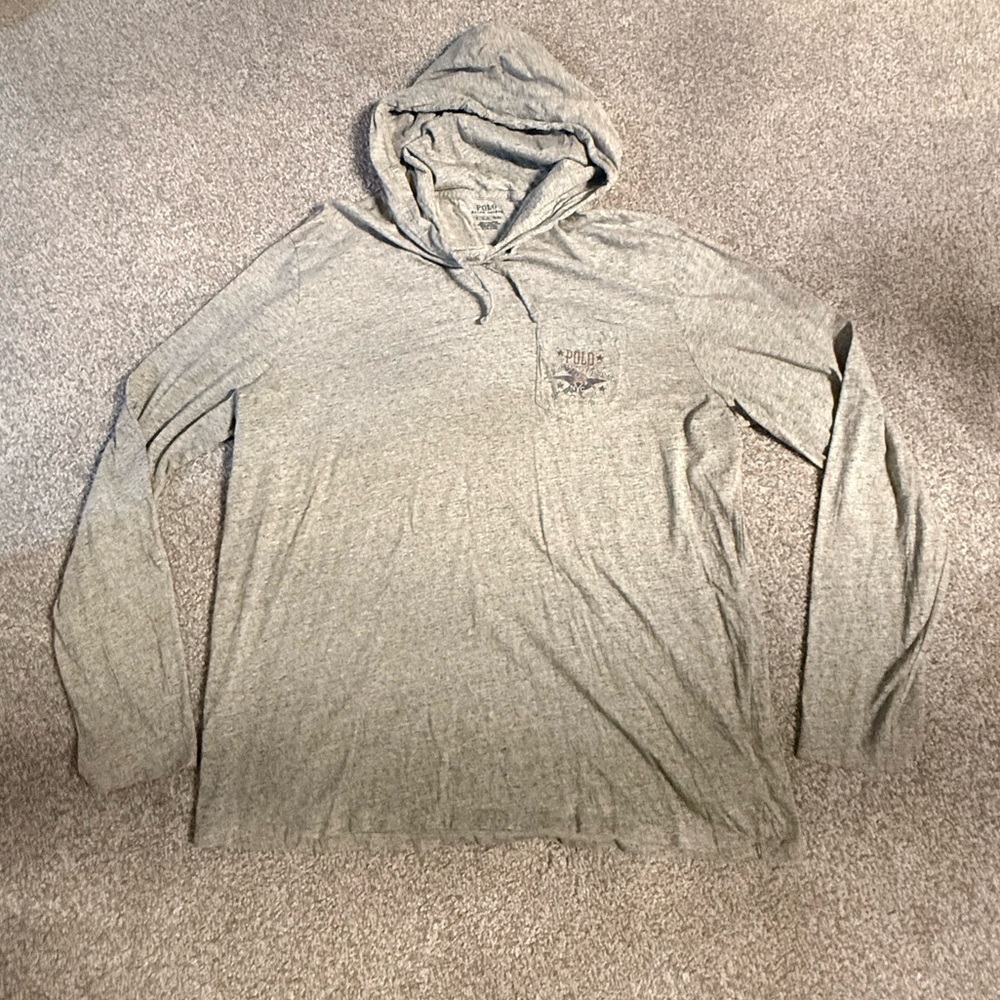 Polo Ralph Lauren Heather Gray Hooded Tee Shirt with flag detail on pocket and o